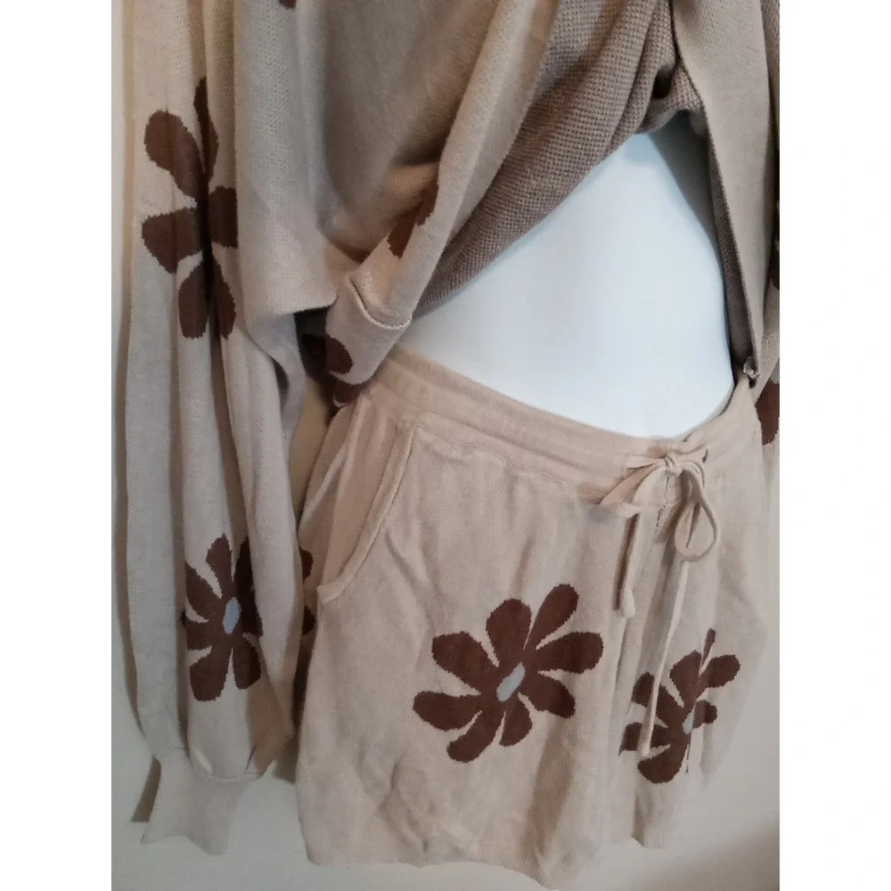 Ekouaer Light‎ Brown Dark Sunflowers Pajama Lounge Shorts/longleeve Knit Set S